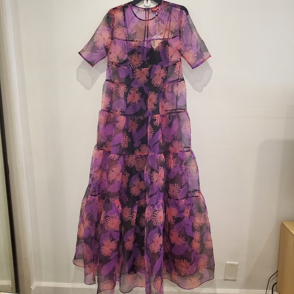 Staud Hyacinth Crepe Organza Tiered Maxi Dress in Quartz Acid Floral - Picture 7 of 12